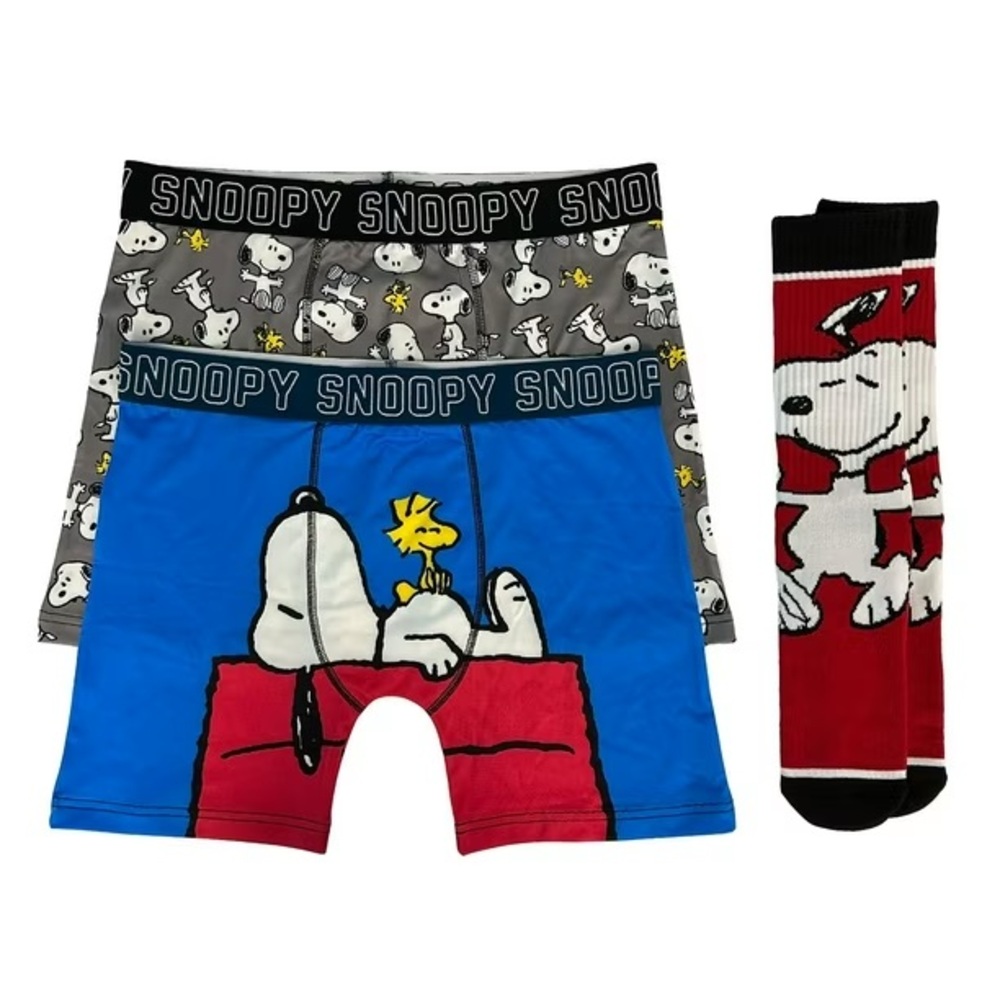Snoopy Men's Blue and Gray Boxer Briefs with Red Socks Set